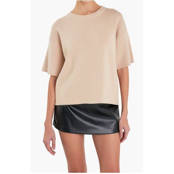 English Factory Ribbed Collar Knit Elbow Half Sleeves Sweater Top Beige L - Picture 5 of 11